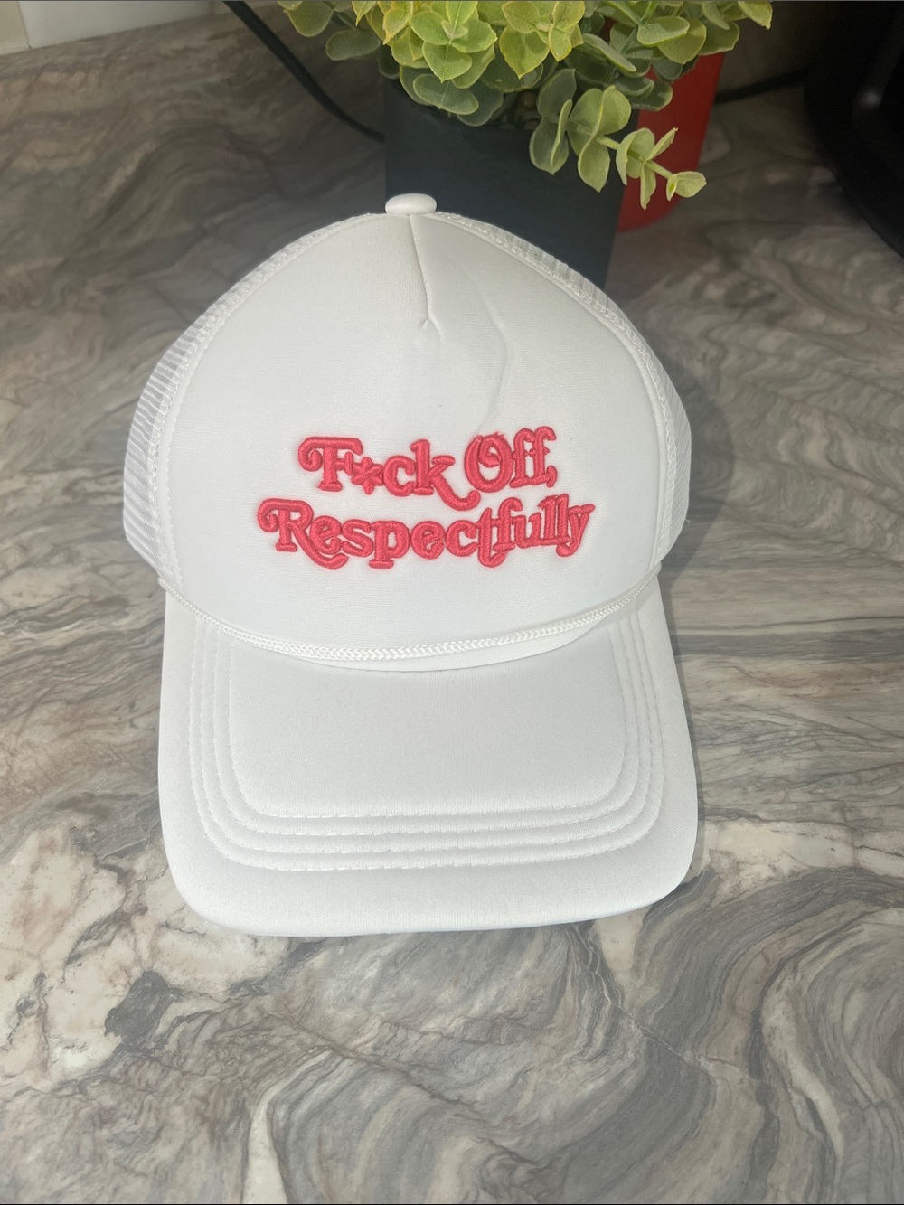 Trucker Hat with Pink Embroidered Slogan